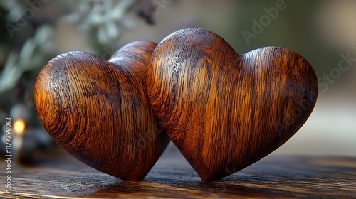 Two wooden hearts, close-up, romantic setting, bokeh background, Valentine's Day. photo