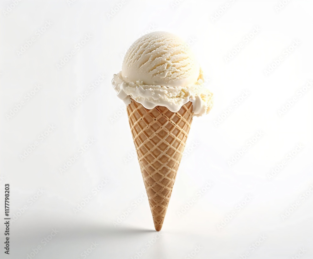 Vanilla Ice Cream Cone on White Background with Copy Space
