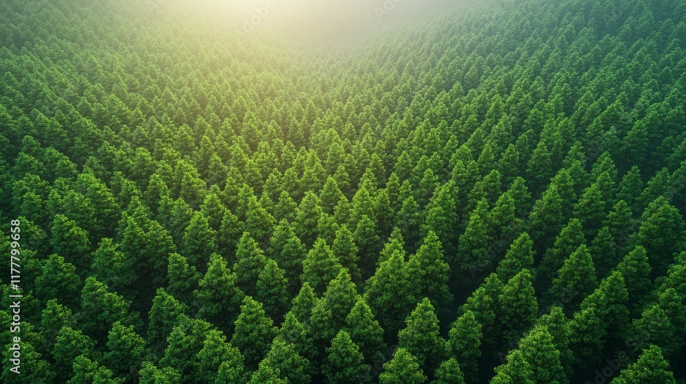 Lush Green Forest Landscape with Dense Evergreen Trees Captured from Above in Sunlight with Gentle Mist Hovering Over the Canopy Lush Green Forest Landscape with Dense Evergreen Trees Captured from Above in Sunlight with Gentle Mist Hovering Over the Canopy