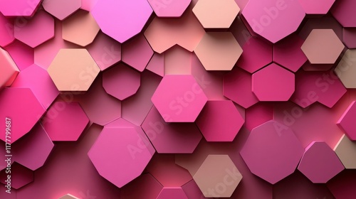 Abstract geometric pattern of colorful hexagons in shades of pink, creating a modern and vibrant design suitable for backgrounds in various creative projects.