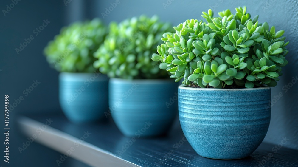 Elegant and Lush Succulent Plants in Beautiful Blue Ceramic Pots Decoratively Displayed on a Modern Shelf Against a Soft Gray Background Elegant and Lush Succulent Plants in Beautiful Blue Ceramic Pots Decoratively Displayed on a Modern Shelf Against a Soft Gray Background