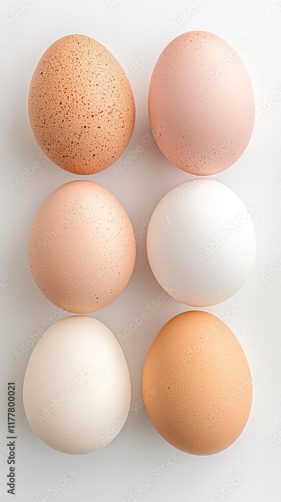 Variety of fresh eggs displayed on white background Variety of fresh eggs displayed on white background