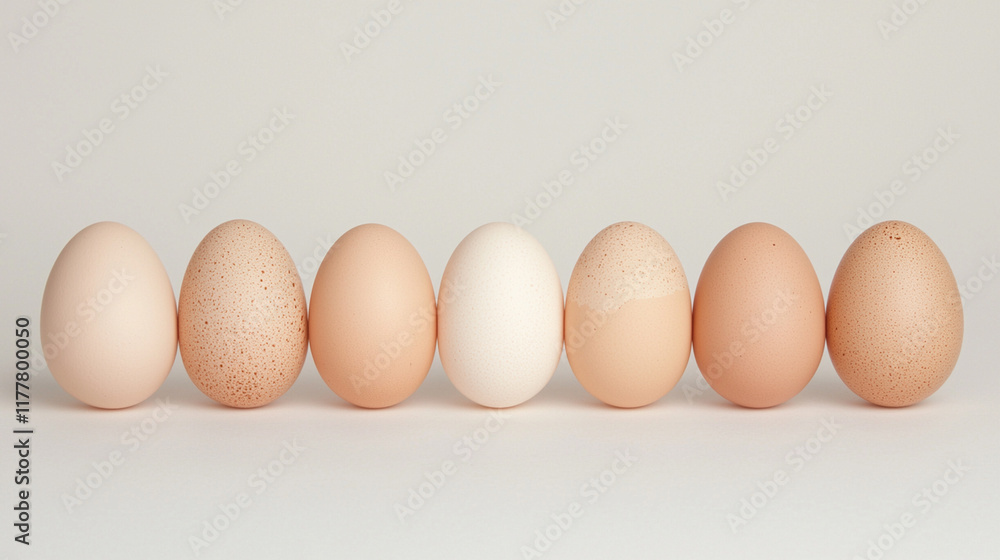 Variety of seven eggs with different shades and textures in a row Variety of seven eggs with different shades and textures in a row