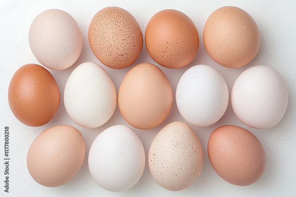 Variety of brown and white eggs displayed in neat rows Variety of brown and white eggs displayed in neat rows