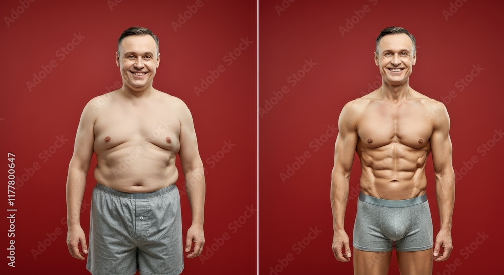 Fototapeta premium Before and after transformation of caucasian male adult in fitness journey