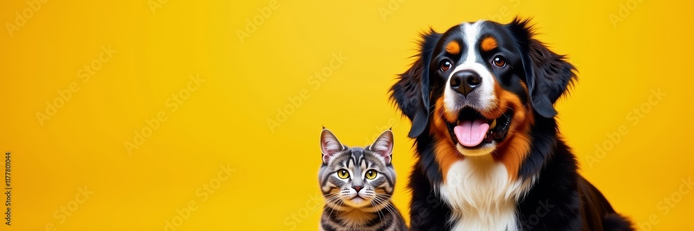 Bernese mountain dog and tabby cat on yellow background Bernese mountain dog and tabby cat on yellow background