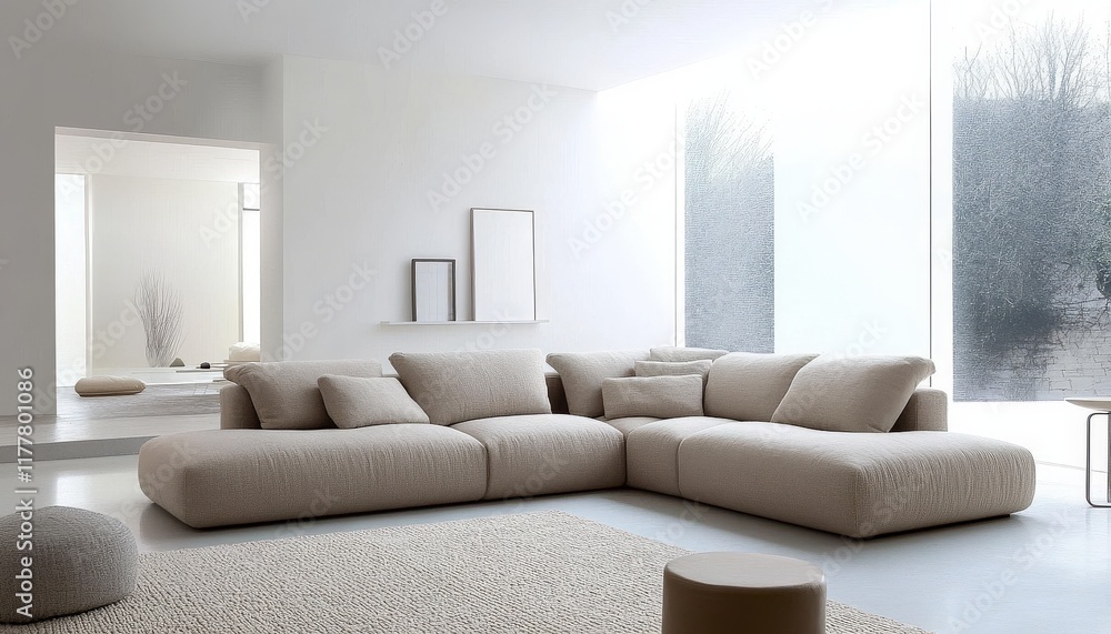 Fototapeta premium Modern Beige Sectional Sofa in Minimalist Living Room Interior Design