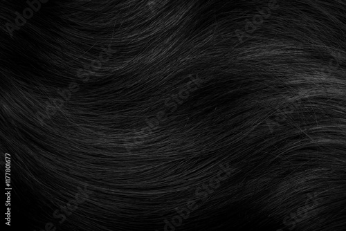 Brunette or black hair. Female long dark hair in black. Beautifully laid curls. Closeup texture in a dark key. Hairdressing, hair care and coloring. Shading gray hair. Background with copy space. photo