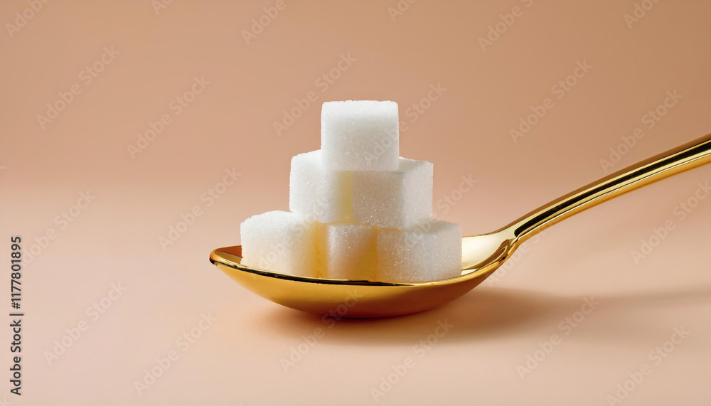 Gold teaspoon with stacked sugar cubes: A minimalist composition featuring a luxurious gold teaspoon placed on a soft peach-beige background Gold teaspoon with stacked sugar cubes: A minimalist composition featuring a luxurious gold teaspoon placed on a soft peach-beige background