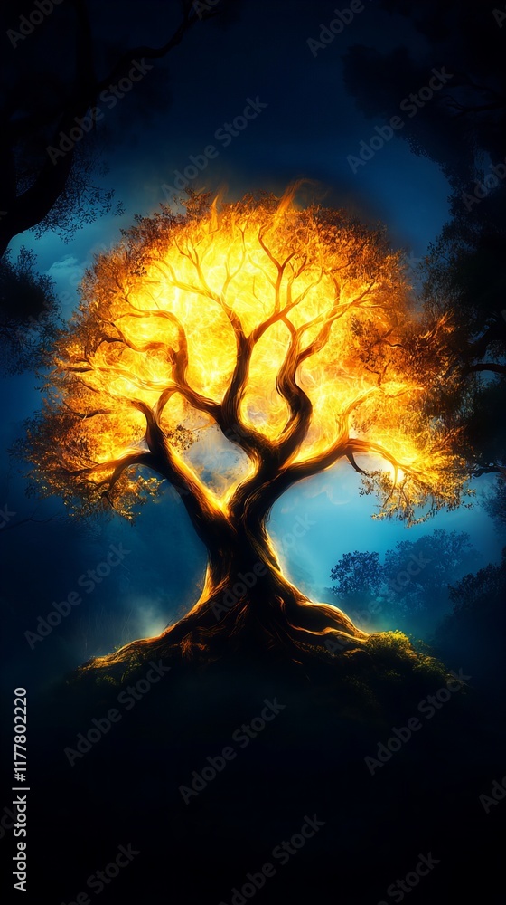 Mystical fiery tree glowing in the dark forest. A magical, surreal scene. Mystical fiery tree glowing in the dark forest. A magical, surreal scene.