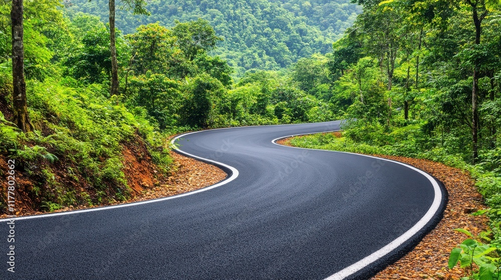 Fototapeta premium Scenic Winding Road Through Lush Green Forest in Natural Landscape with Dense Foliage and Vibrant Vegetation Ideal for Travel and Nature Photography