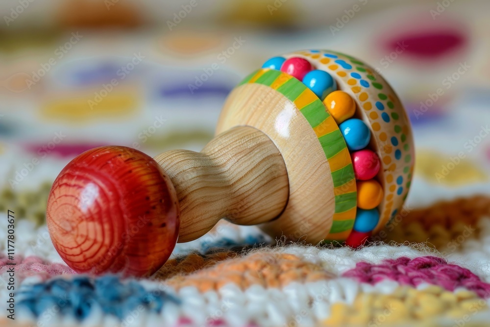 Colorful wooden baby rattle is laying on a crocheted blanket Colorful wooden baby rattle is laying on a crocheted blanket