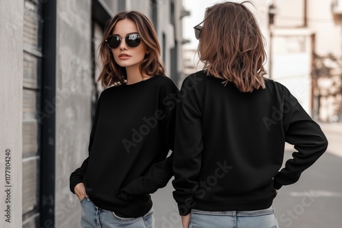 A stylish young woman wearing a black long sleeve T-shirt mockup and sunglasses, posing in an urban setting. She has shoulder-length hair and is seen from both front and back angles. photo