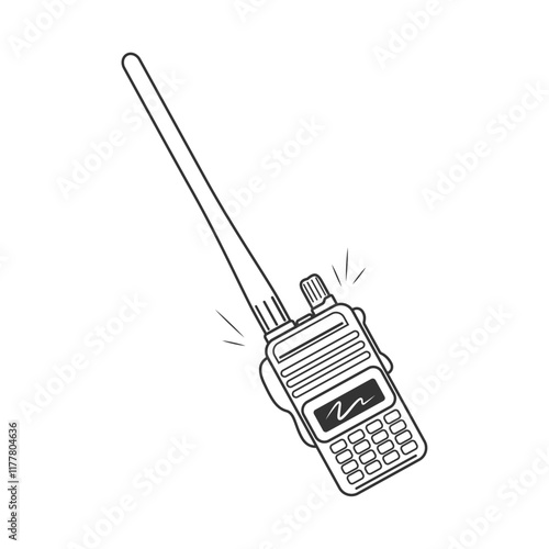 Hand-drawn illustration of a portable two-way radio with an antenna. Perfect for communication, emergency, outdoor adventure, and technology themes. Vector format, isolated on white background.