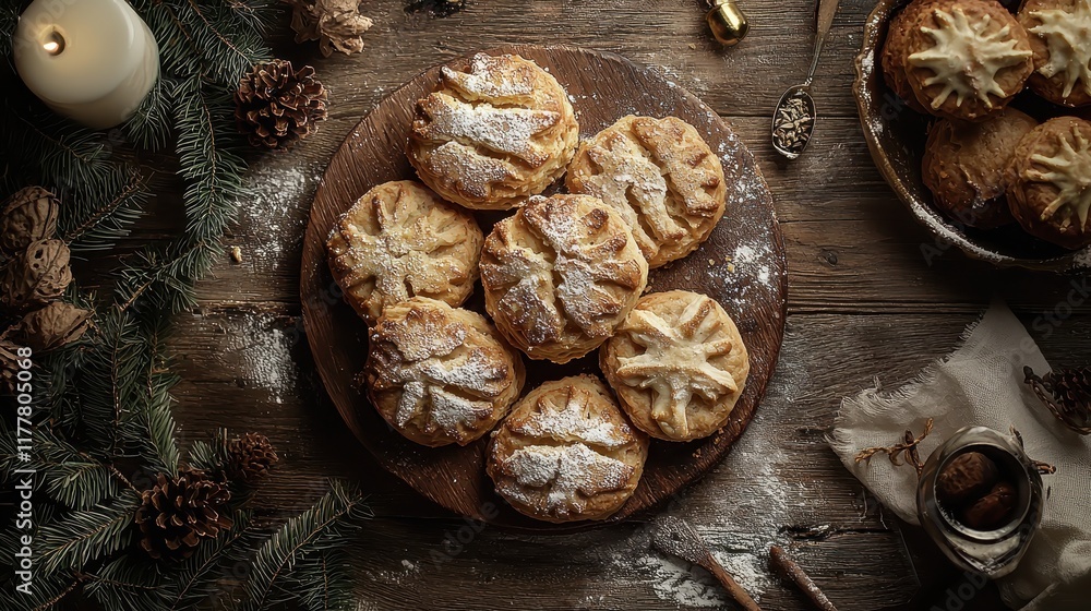 Freshly Baked Buttery Biscuits on Rustic Wooden Table Surrounded by Festive Decorations and Candles Freshly Baked Buttery Biscuits on Rustic Wooden Table Surrounded by Festive Decorations and Candles