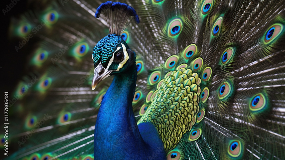 Obraz premium Beautiful peacock with fully spread iridescent feathers, vibrant and detailed close-up