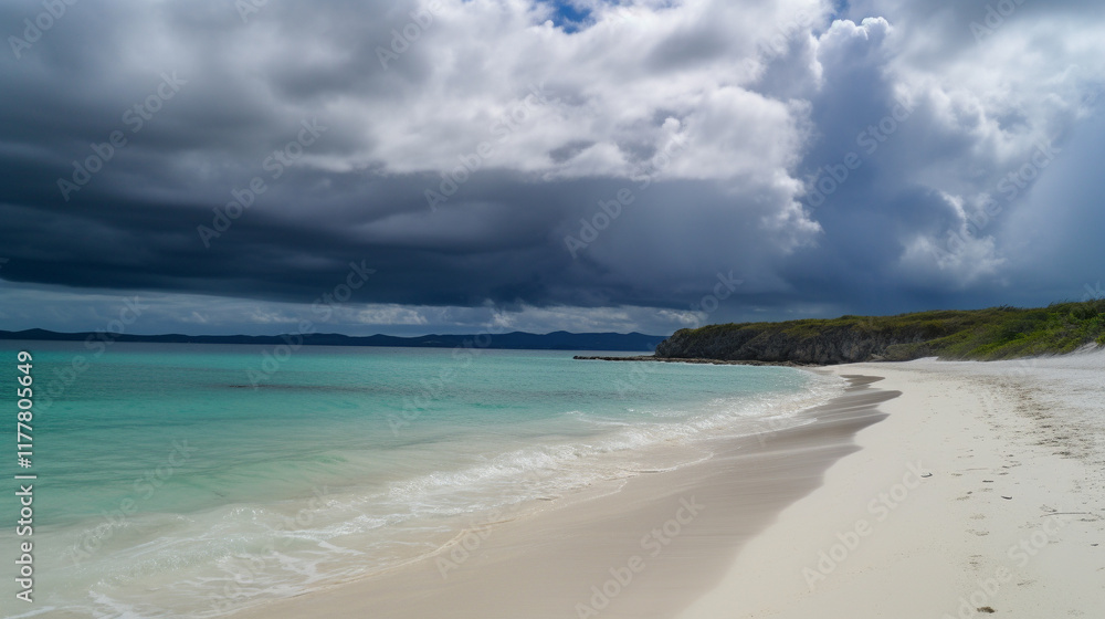Fototapeta premium Deserted beach with crystal-clear turquoise waves, white sand, and dramatic clouds