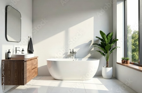A spacious bathroom featuring a freestanding tub, wooden vanity, and large windows allowing natural light to fill the room. A plant accentuates the serene atmosphere, creating a relaxing environment.