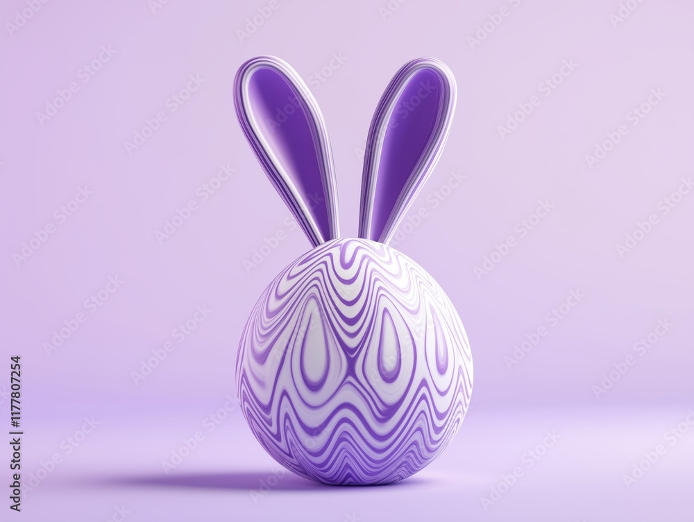 Fototapeta premium Minimalist bunny icon emerging from a patterned Easter egg in soft purple tones. 