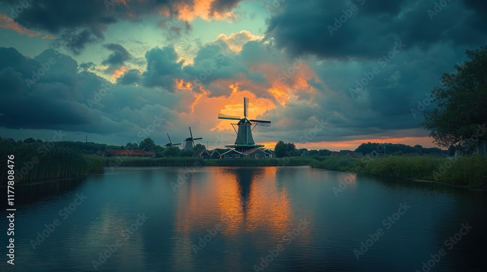 Windmills at sunset reflecting in canal. Windmills at sunset reflecting in canal.