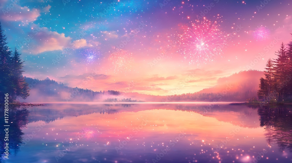 Fototapeta premium Brilliant Fireworks Reflecting Over Calm Lake with Space for Text