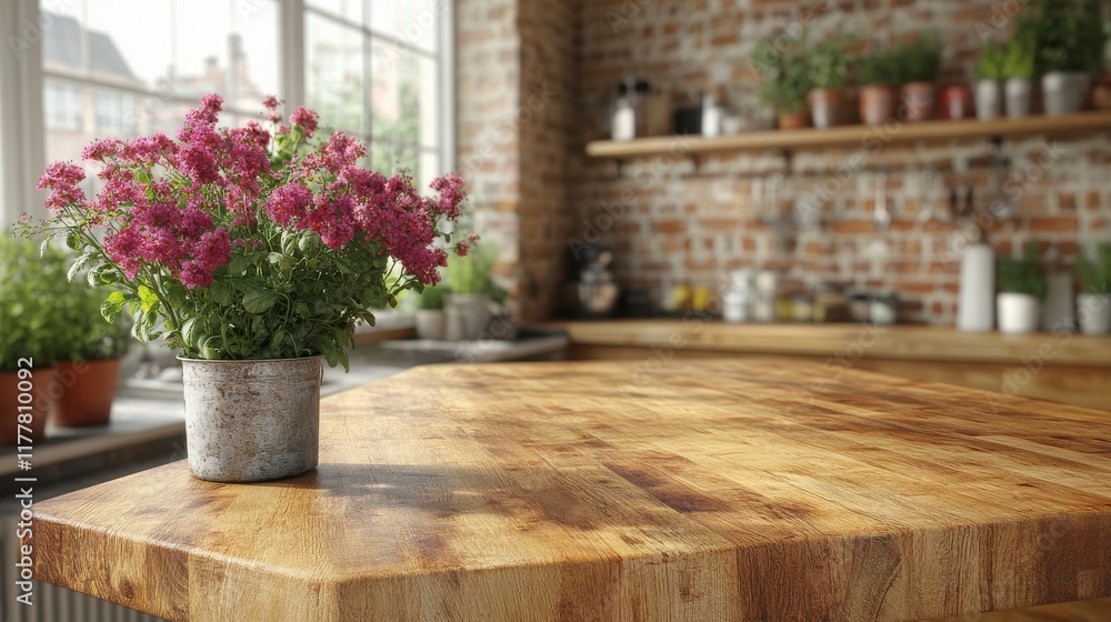 Fresh Floral Arrangement in a Rustic Kitchen Setting with Wooden Countertop Surrounded by Herbs and Pots on Shelves, Perfect for Interior Decor Inspiration Fresh Floral Arrangement in a Rustic Kitchen Setting with Wooden Countertop Surrounded by Herbs and Pots on Shelves, Perfect for Interior Decor Inspiration