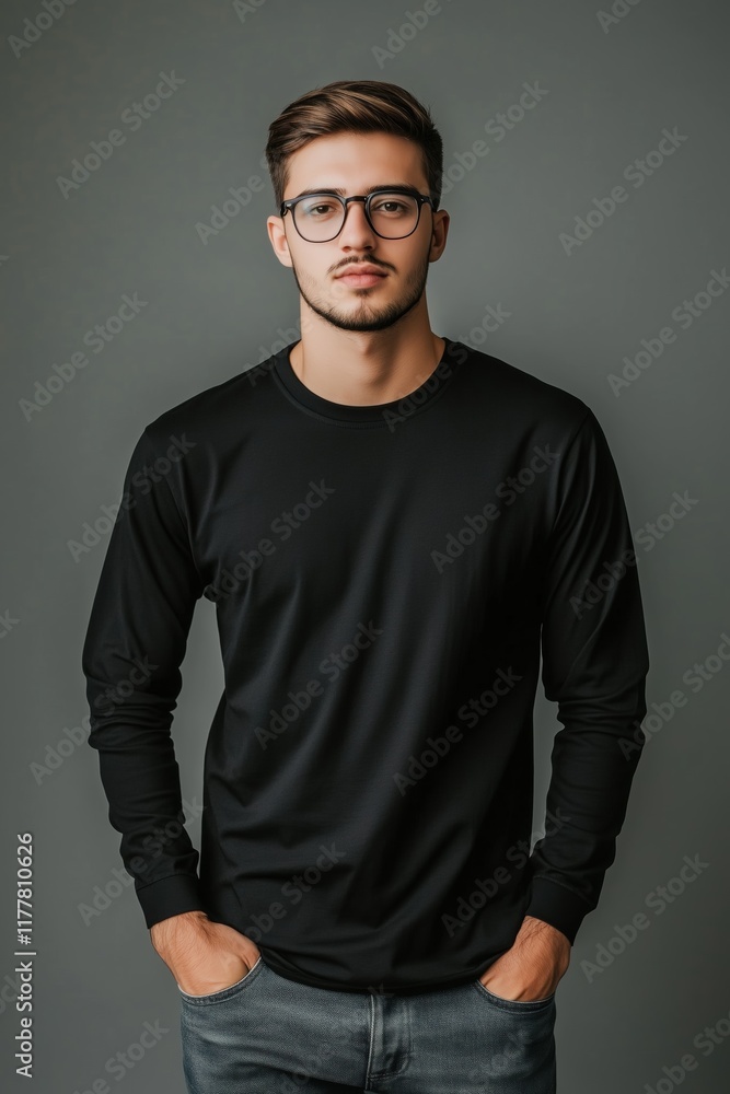 Obraz premium A young man wearing a black long sleeve T-shirt mockup and glasses, standing against a gray background with a neutral expression.