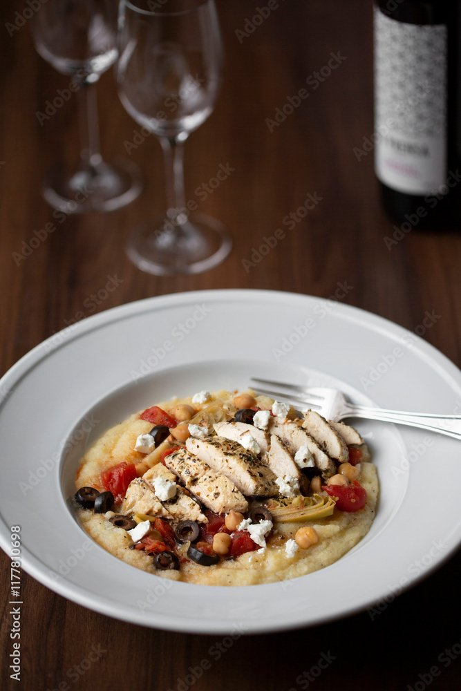 Italian Chicken and Polenta Dinner Dish with tomatoes, chickpeas, olives and goat cheese Italian Chicken and Polenta Dinner Dish with tomatoes, chickpeas, olives and goat cheese