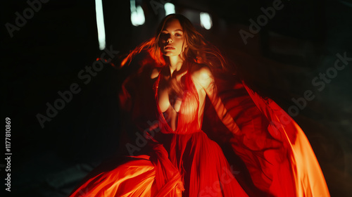 Beautiful woman in flowing red dress captivatingly poses in a dimly lit space, exuding elegance and confidence during a mesmerizing evening