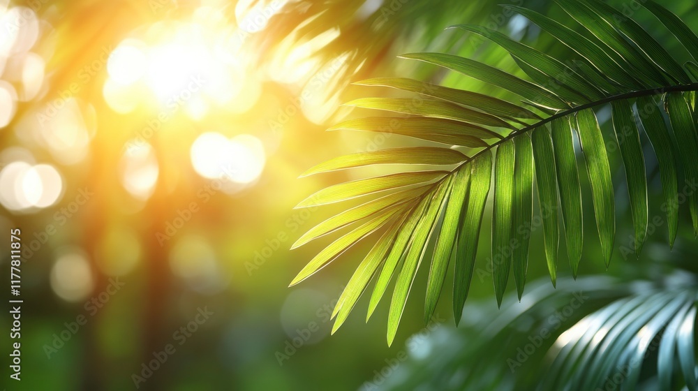 Obraz premium Lush Green Palm Leaves Bathed in Warm Sunlight with a Beautiful Bokeh Background Creating a Serene Tropical Atmosphere for Nature-Themed Projects