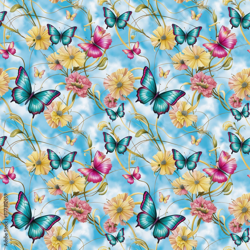 Seamless Pattern with Butterflies and Flowers