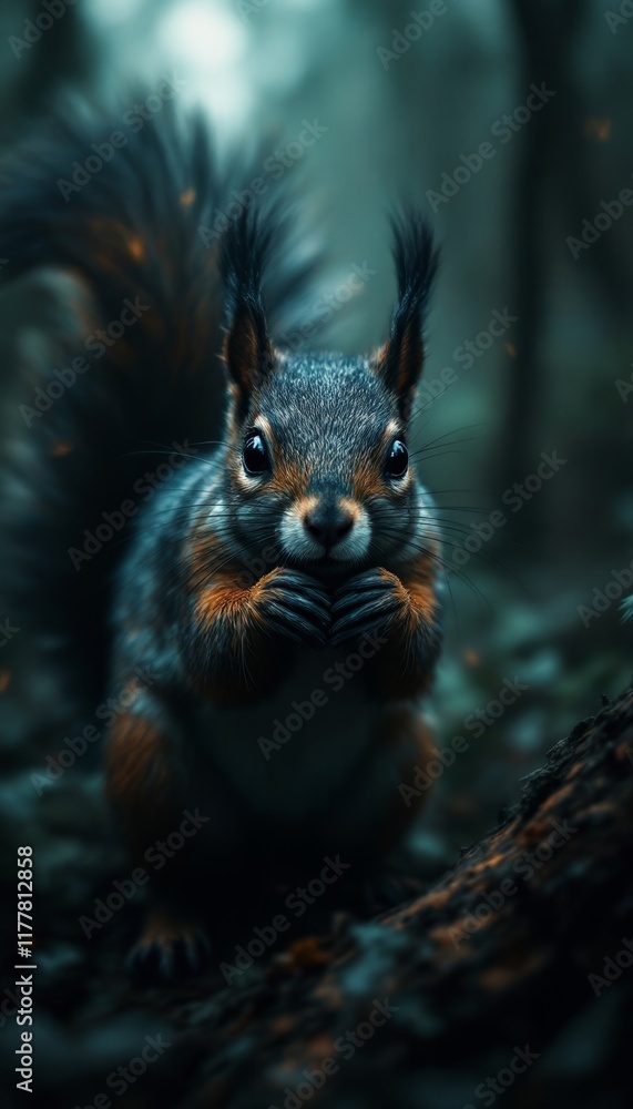 Obraz premium Cute Grey Squirrel Eating Nuts in Dark Forest