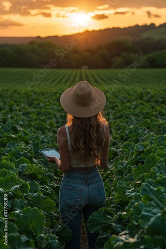 Woman Farmer with Hat and Tablet in Lush Green Field at Sunset