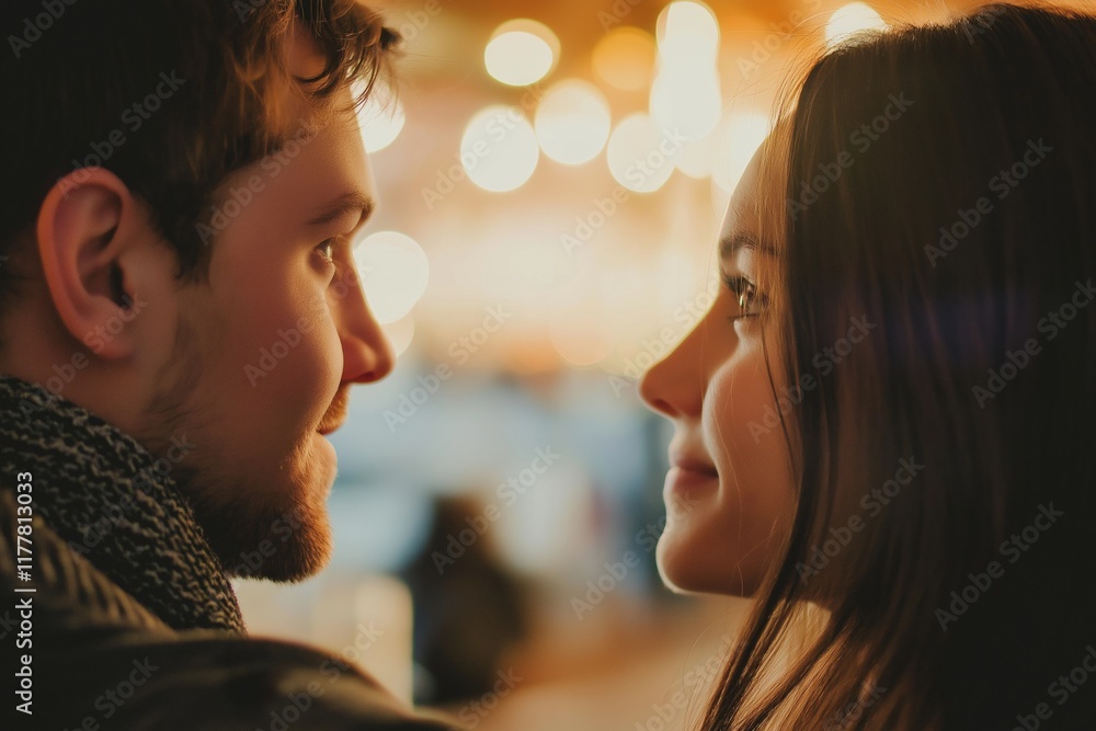 Fototapeta premium A young couple gazes lovingly at each other, radiating warmth.