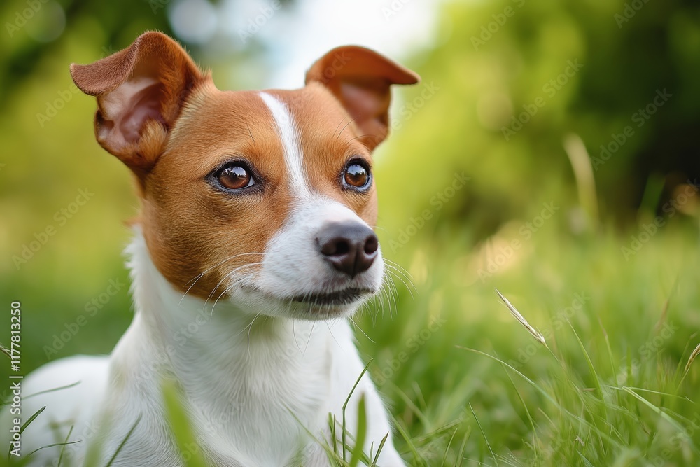 A cute dog rests on green grass, showcasing its serene demeanor and beautiful features. A cute dog rests on green grass, showcasing its serene demeanor and beautiful features.
