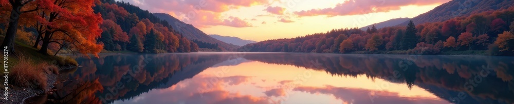 Fototapeta premium Vibrant autumn colors surround a still lake at dusk, vibrant, sky