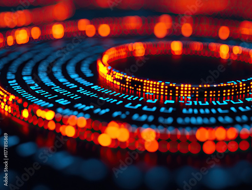 glowing circular pattern of red and blue digital lights, symbolizing data flow and technology photo