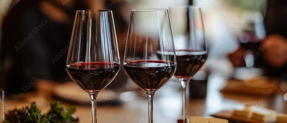 Three Glasses of Red Wine on Table, Elegant Wine Tasting, Romantic Dinner Setting Three Glasses of Red Wine on Table, Elegant Wine Tasting, Romantic Dinner Setting