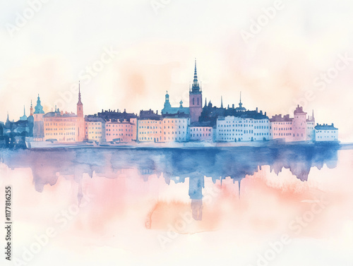 A serene watercolor illustration showcasing Stockholm's blend of Old Town charm and archipelago beauty.