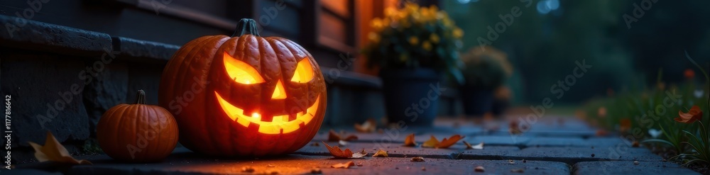 Fototapeta premium Carved pumpkin with glowing eyes on dark porch, shadowy, ominous