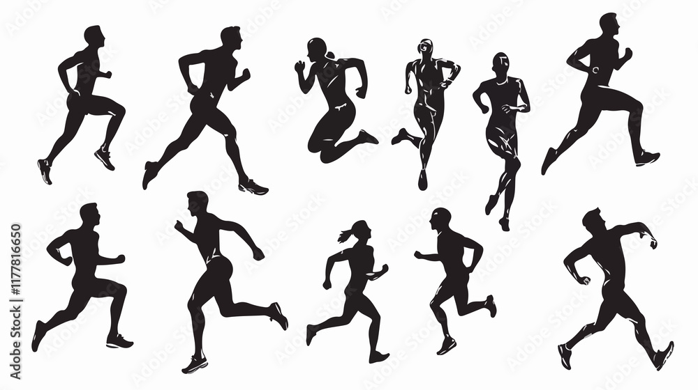 Dynamic Running Athletes and Silhouettes in Vector Illustration for Sports Events Promotion Dynamic Running Athletes and Silhouettes in Vector Illustration for Sports Events Promotion