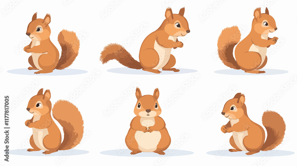 Squirrel in Various Poses: Vector Cartoon Illustration for Wildlife Education Materials Squirrel in Various Poses: Vector Cartoon Illustration for Wildlife Education Materials