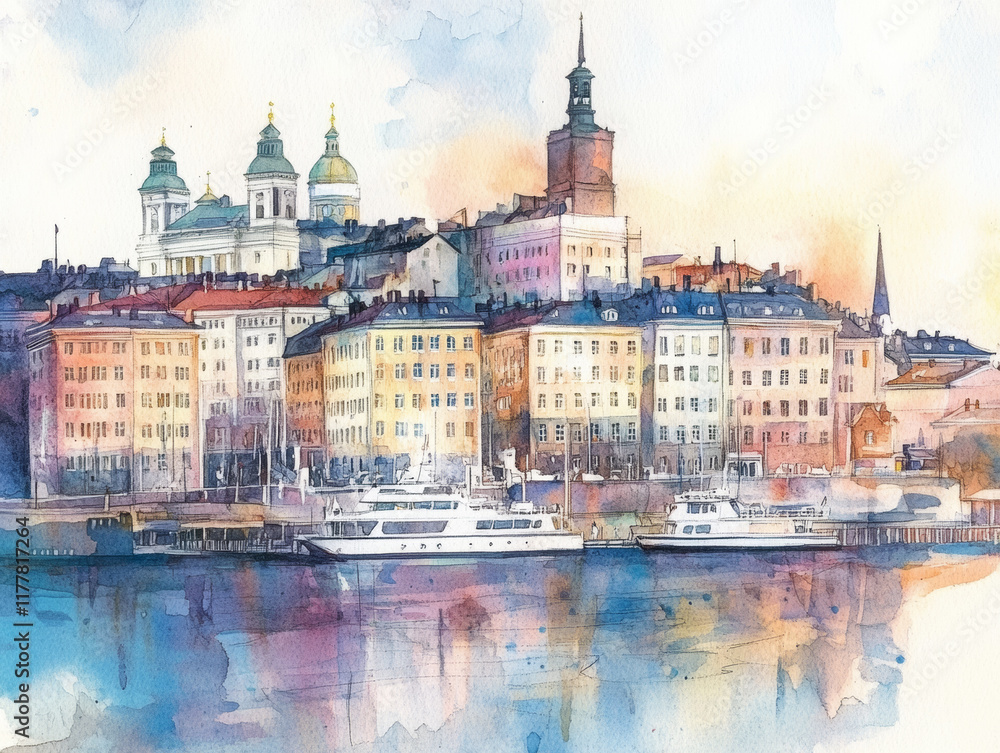 Fototapeta premium A beautiful watercolor depiction of Helsinki's architecture and coastal landscape.