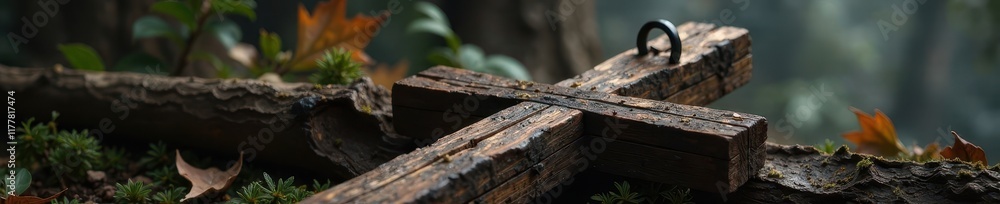 Dark wooden cross made of ash tree branches with a simple metal ring at the top, winter wonderland, natural elements Dark wooden cross made of ash tree branches with a simple metal ring at the top, winter wonderland, natural elements