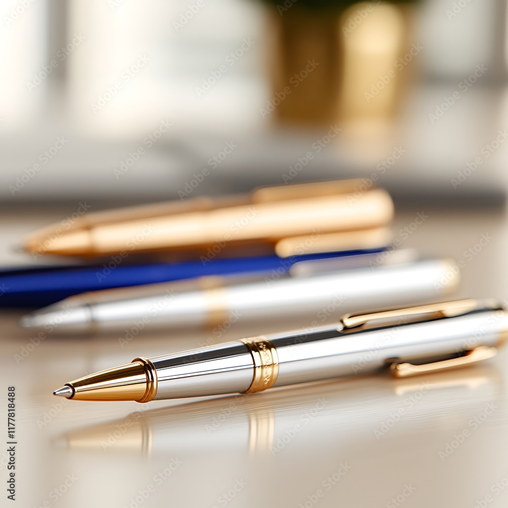 Close-up of elegant silver and gold pens on a desk.