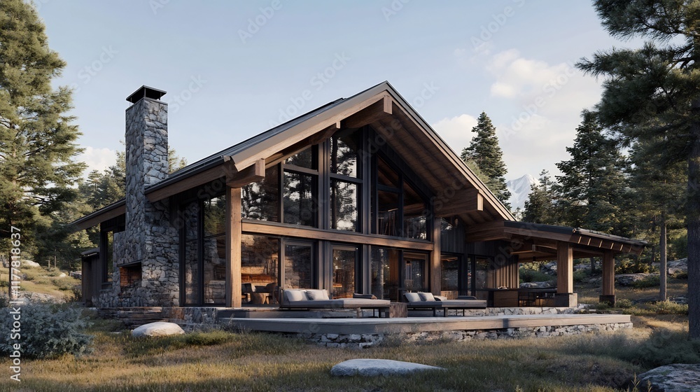 Mountain cabin a rusticmodern aesthetic featuring expansive windows timber beams and a central stone fireplace Mountain cabin a rusticmodern aesthetic featuring expansive windows timber beams and a central stone fireplace