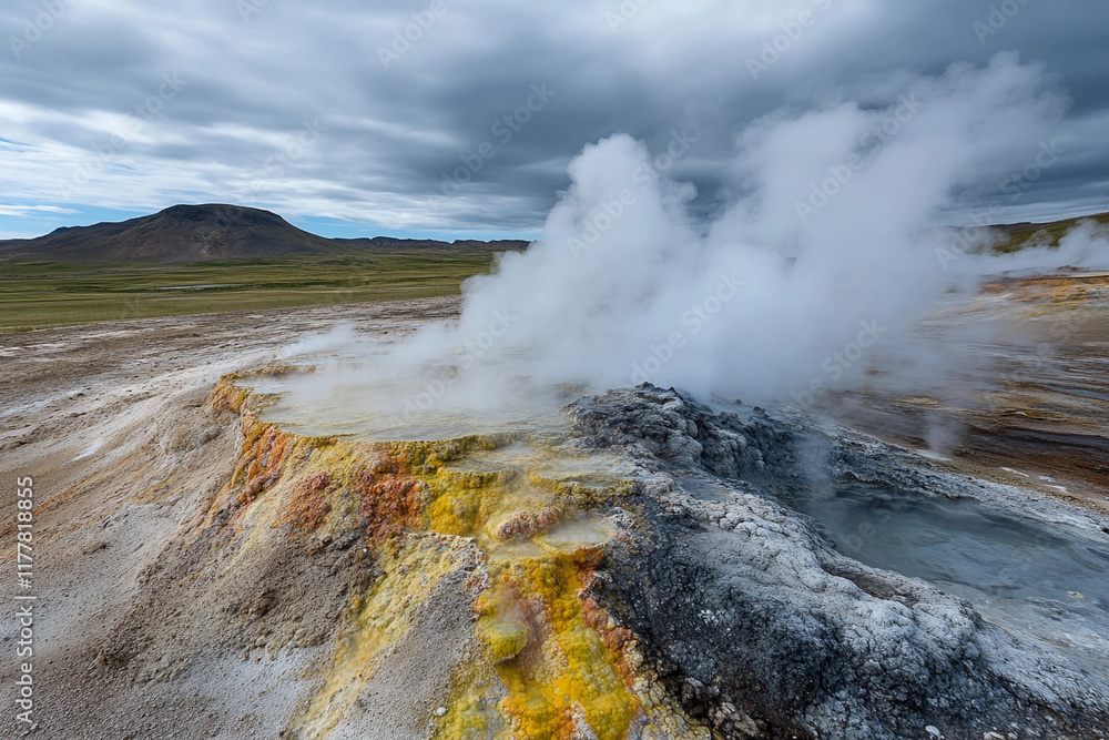 Bubbling geothermal hot spring in a lush tropical landscape under a bright sky Bubbling geothermal hot spring in a lush tropical landscape under a bright sky