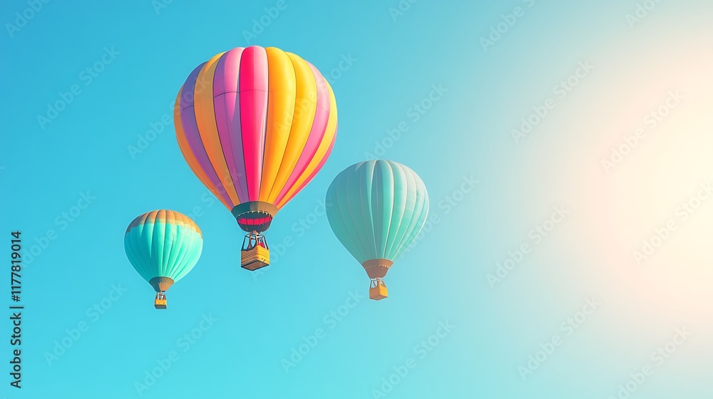 Fototapeta premium A vibrant, colorful hot air balloons over a clear sky with a clear area for text