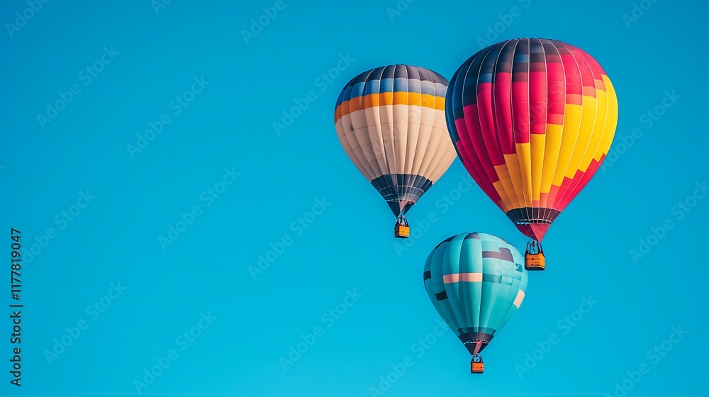 Fototapeta premium A vibrant, colorful hot air balloons over a clear sky with a clear area for text