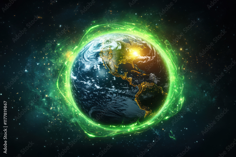 Fototapeta premium Earth surrounded by green energy light